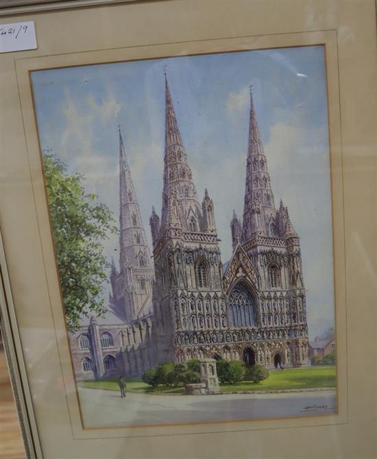 Albert Henry Findley (1880-1975), watercolour and gouache, View of a Litchfield Cathedral, Staffordshire, signed, 38 x 28cm
